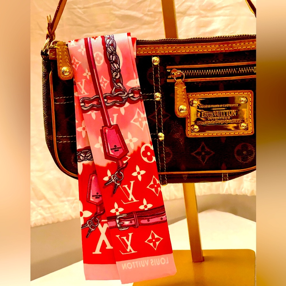 Red and Pink Iconic Monogram Print Twilly Bandeau Wrap Scarf - Picture 2 of 7